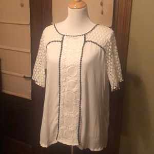 Blouse with lace inlay & black scalloped detail.